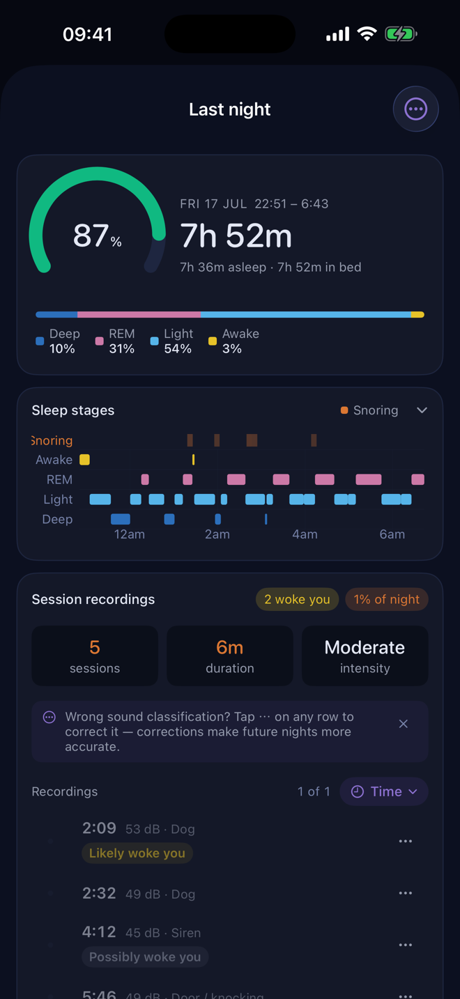 Ssnnoozzee sleep report showing quality score, sleep stages and vitals